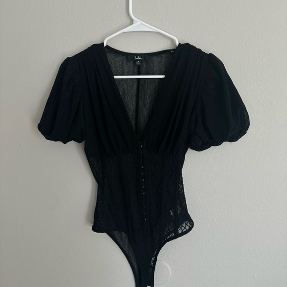 Lulus Black Mesh Puff Sleeve Bodysuit Top - Picture 5 of 8